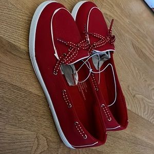 NEW Comfort Ease Canvas Boat Shoes Res & White womens 6.5